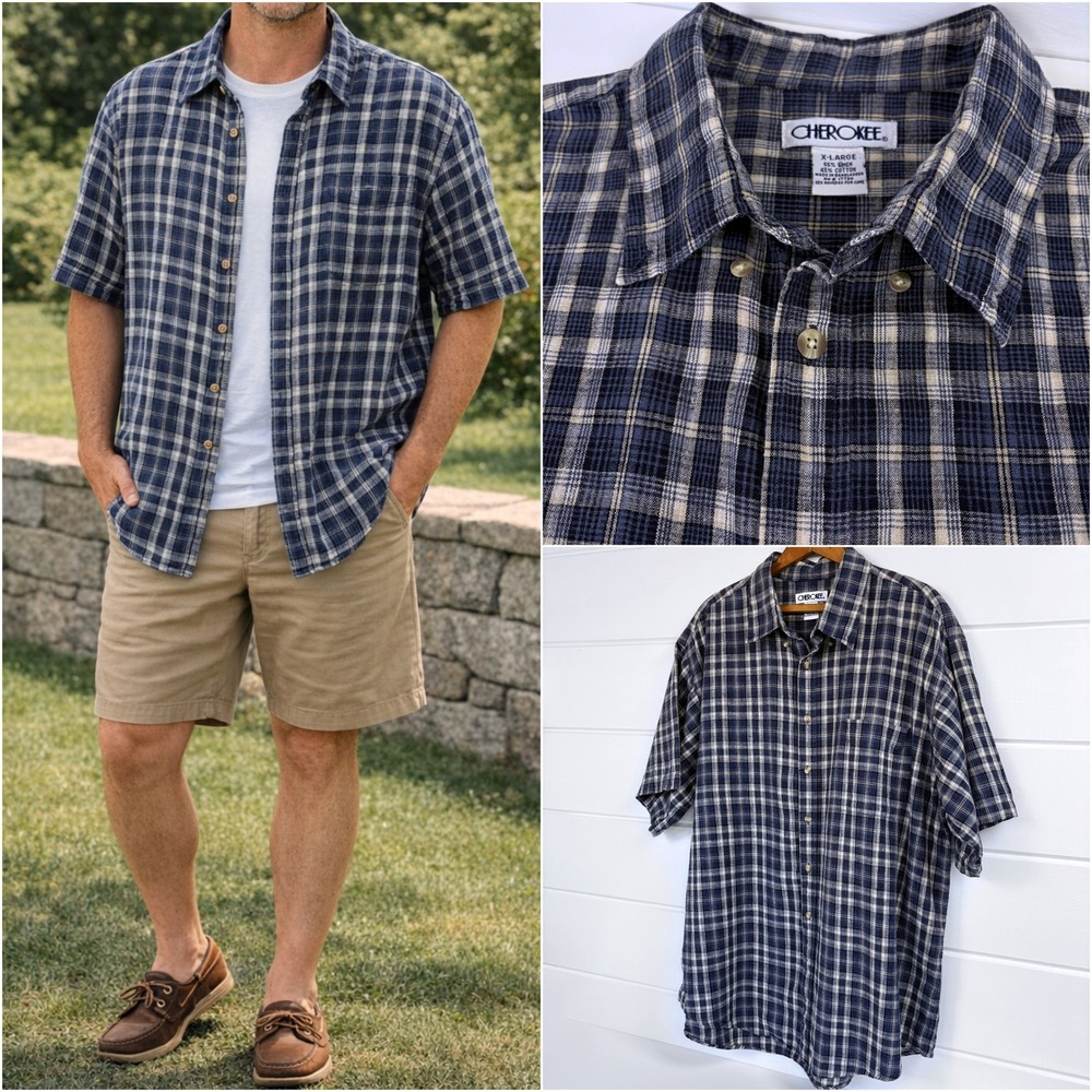 Vtg‎ 90s Cherokee Linen Cotton Plaid Shirt XL Oversized Summer Camp Coastal Lake